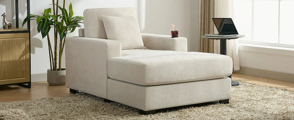 39.7" Oversized Chenille Chaise Lounger | Built-In Charge Station, Cup Holder, Pillows, Washable Covers – Cream, 330 lb Capacity Next Gen Luxe Solutions