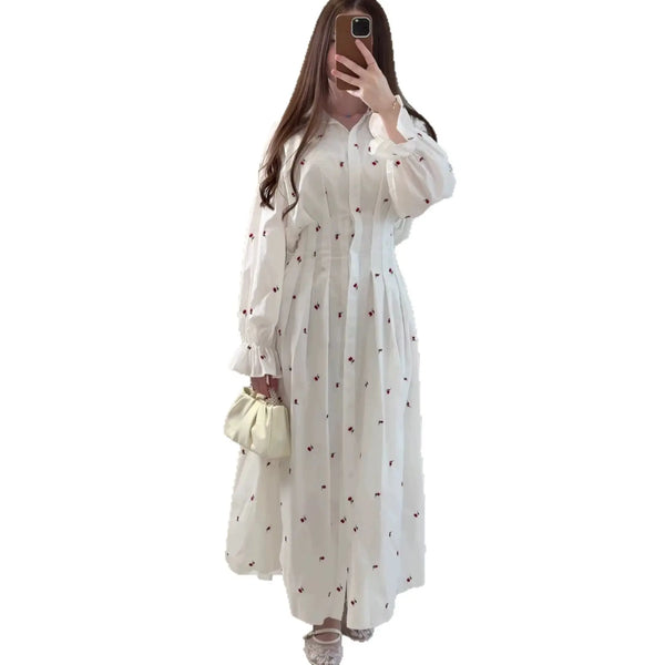 Women's Long Sleeve Lapel A-Line Midi Dress | Button Front, Floral Pattern – White, Champagne, Shiny Pink, S–XXL Next Gen Luxe Solutions