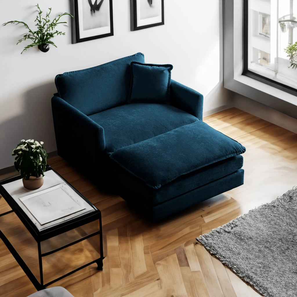 Modern Accent Chair with Ottoman – Blue Chenille Armchair for Living Room & Bedroom Next Gen Luxe Solutions