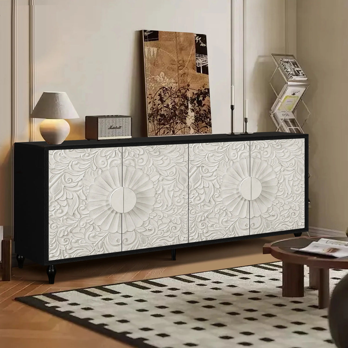 Vintage White Faceted Carved Cabinet – Black Frame TV Stand, Sideboard & Accent Cabinet Next Gen Luxe Solutions