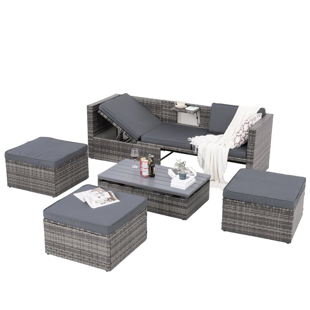 5-Piece Outdoor PE Wicker Patio Furniture Set | Sofa, 3 Ottomans & Lift-Top Coffee Table Next Gen Luxe Solutions
