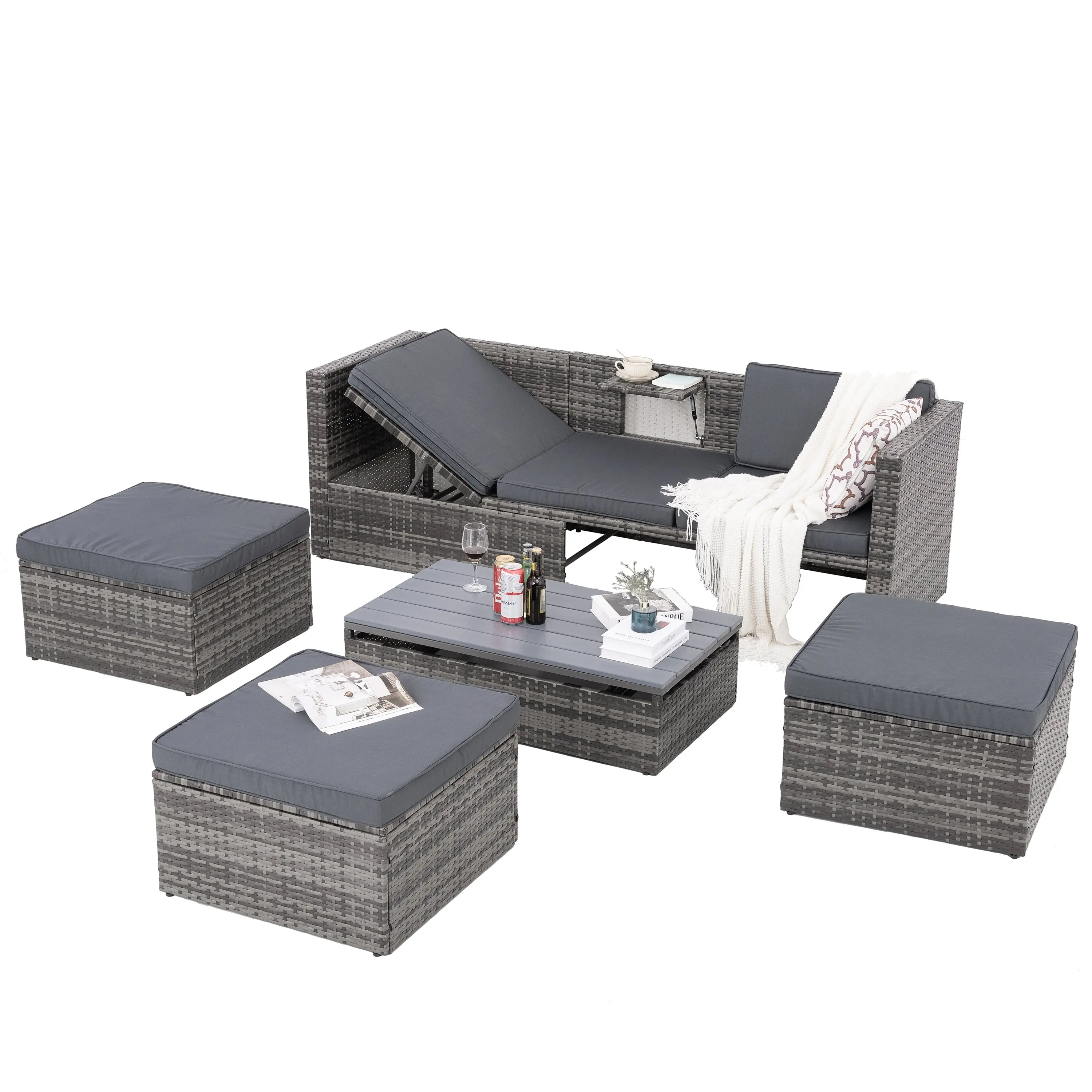 5-Piece Outdoor PE Wicker Patio Furniture Set | Sofa, 3 Ottomans & Lift-Top Coffee Table Next Gen Luxe Solutions