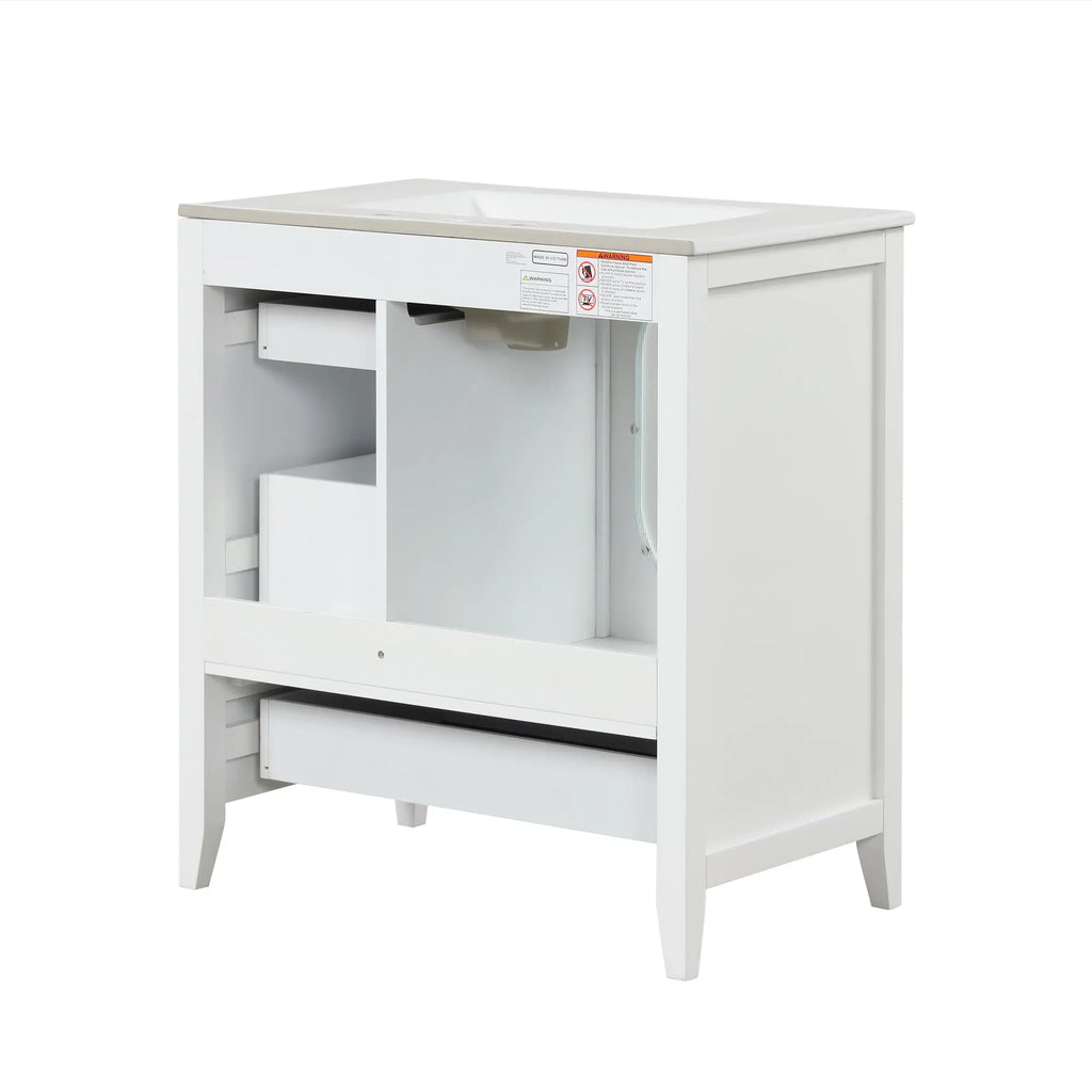30" Bathroom Vanity with Sink | Solid Wood & MDF, 4 Drawers, Oval Fluted Glass Door, Ceramic Sink, White – Freestanding Next Gen Luxe Solutions