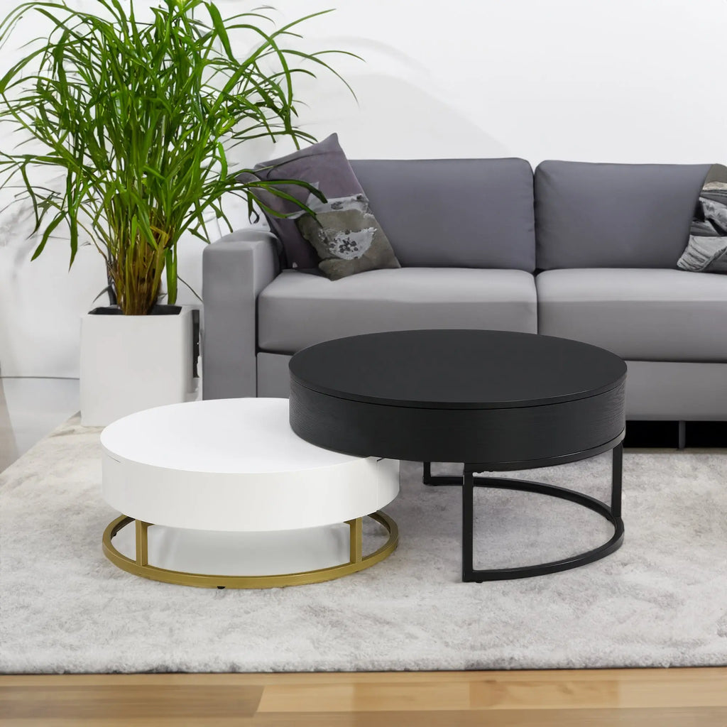 Modern Round Lift-Top Nesting Coffee Tables Set of 2 | Hydraulic Lift, 2 Drawers, Gold Metal Base – White & Black Next Gen Luxe Solutions