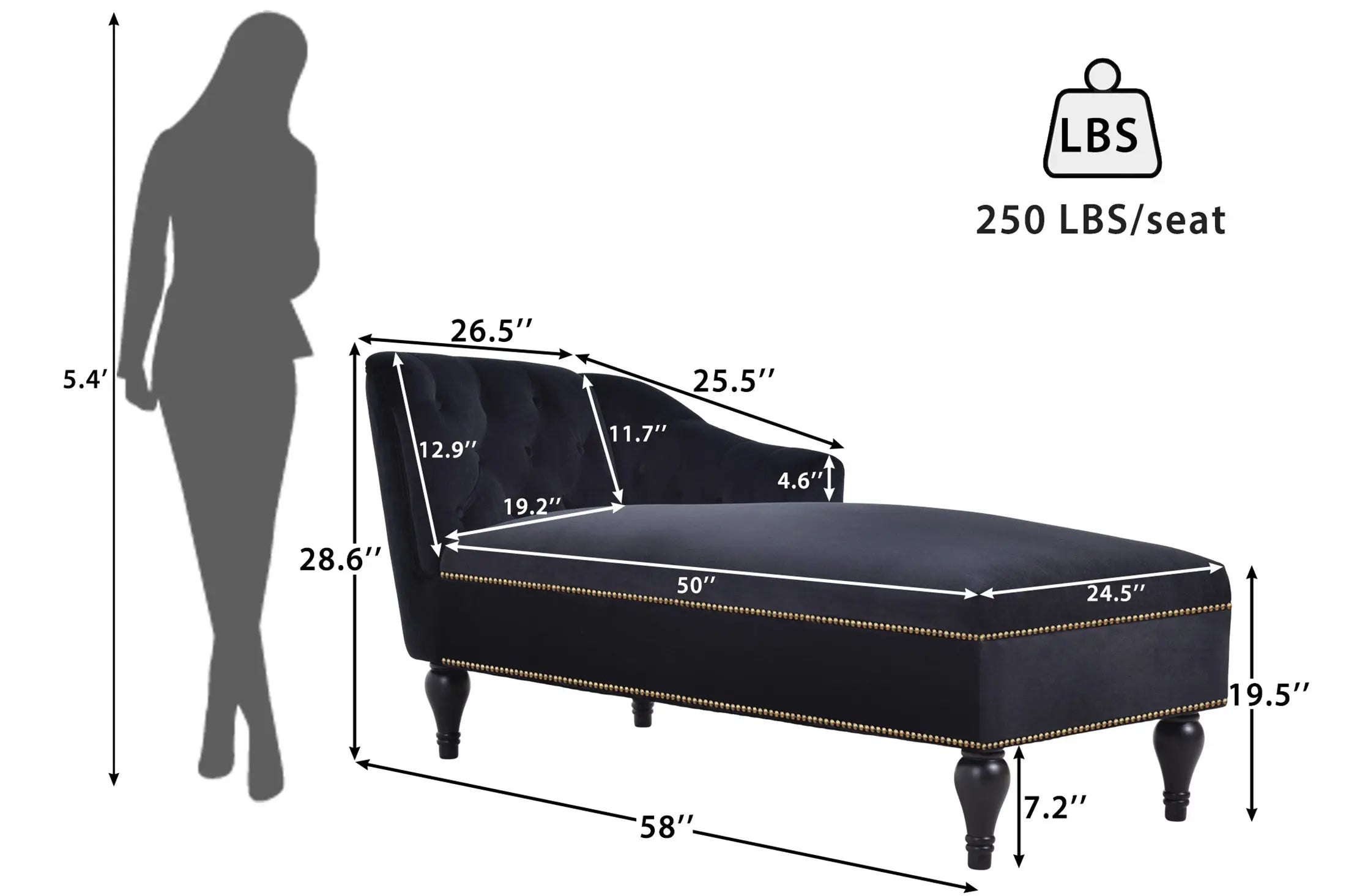 58 Inch Velvet Lounge Chair Button Tufted Right Arm Chaise with Nailhead Decoration Next Gen Luxe Solutions