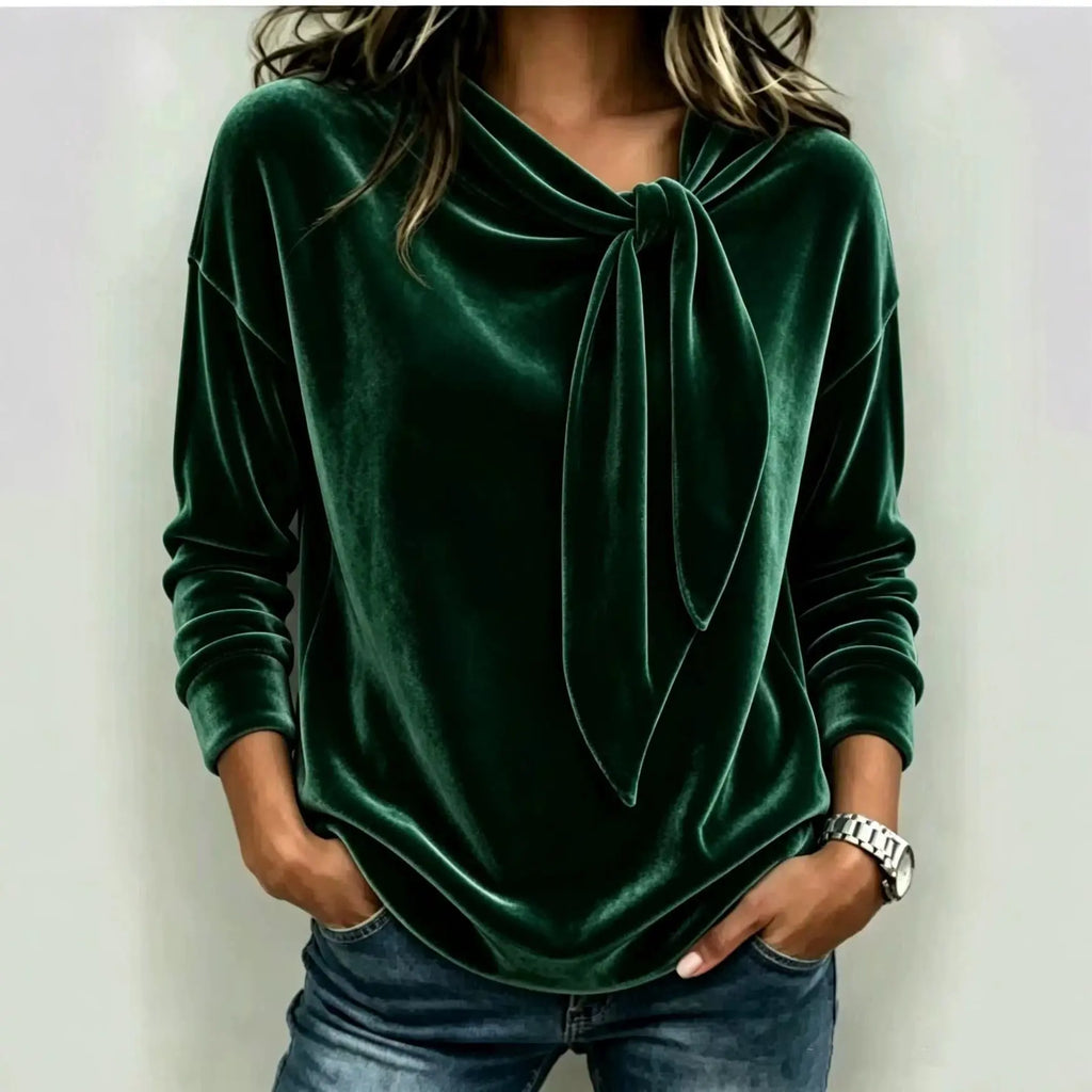 Women's Solid Color Long Sleeve Bow Top | Loose Fit Scarf Collar Pullover – 6 Colors, S–XXL Next Gen Luxe Solutions