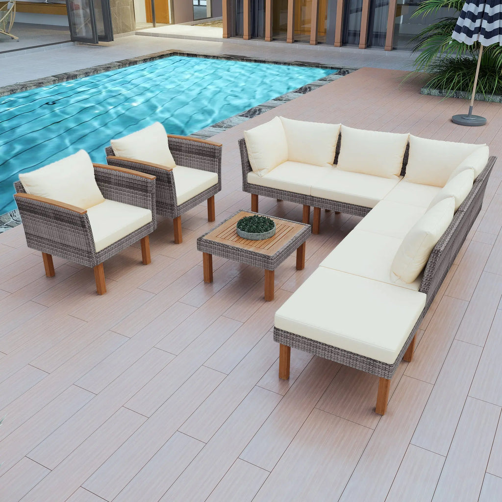 9-Piece Outdoor PE Rattan Patio Furniture Set | Acacia Wood Legs & Tabletop, Sectional Sofa with Coffee Table, Washable Cushions – Beige Next Gen Luxe Solutions