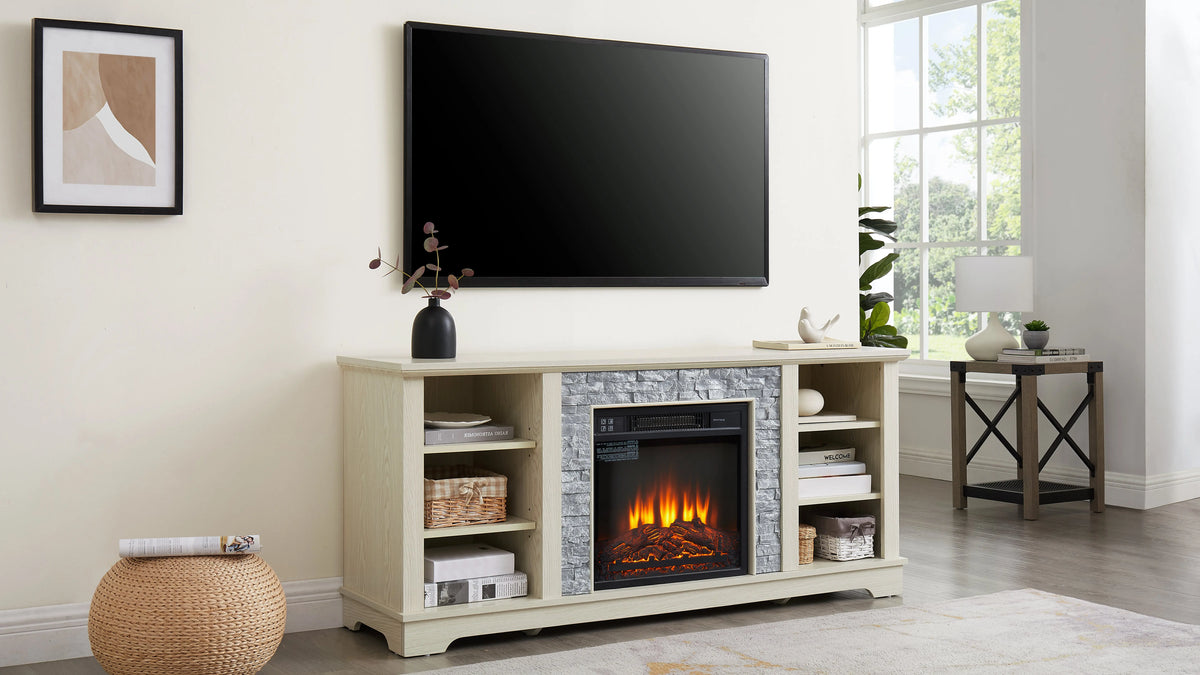 Mantel Electric Fireplace TV Stand – Stone Media Console with 18" Fireplace Insert & Open Storage (White) Next Gen Luxe Solutions