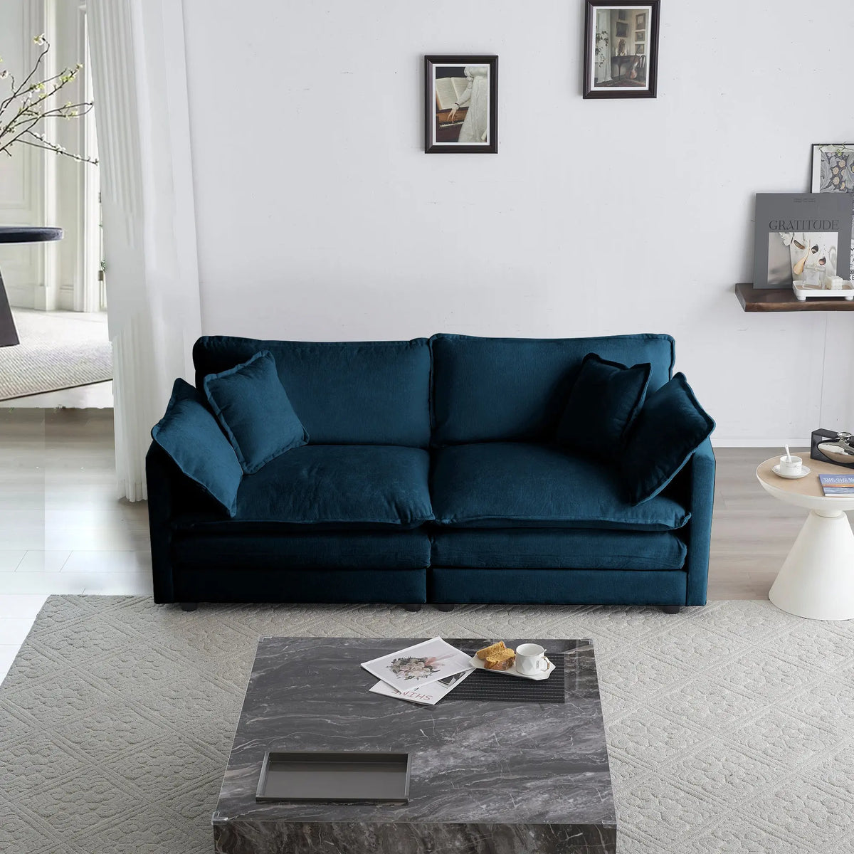 Modern Blue Chenille Loveseat Sofa – Deep Seat 2-Seater with 4 Pillows | Upholstered Living Room Couch Next Gen Luxe Solutions