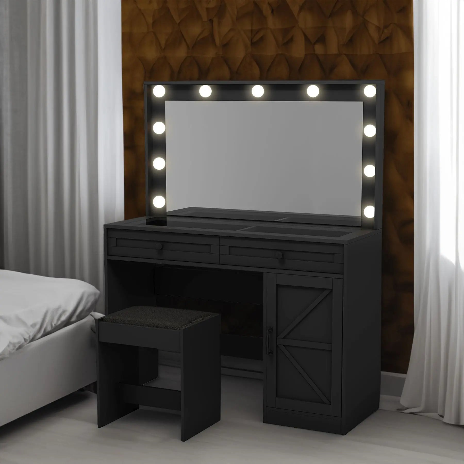 Makeup Vanity Desk with Cabinet Doors & Organized Storage – Eco-Friendly MDF, Black Next Gen Luxe Solutions