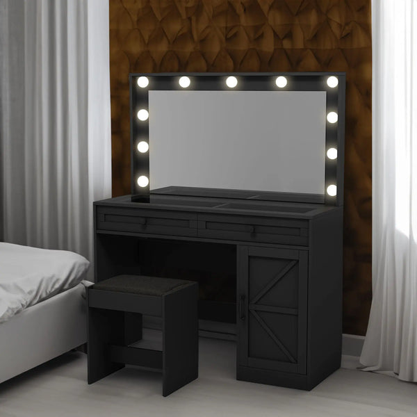 Makeup Vanity Desk with Cabinet Doors & Organized Storage – Eco-Friendly MDF, Black Next Gen Luxe Solutions
