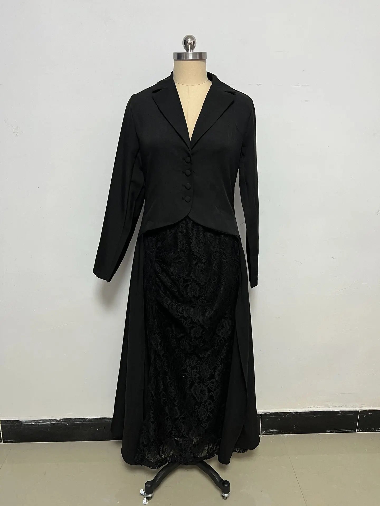 Women's Chic Lace Suit Collar Two-Piece Dress Set | Long Sleeve, High Waist, Long Skirt – Black, S–2XL Next Gen Luxe Solutions