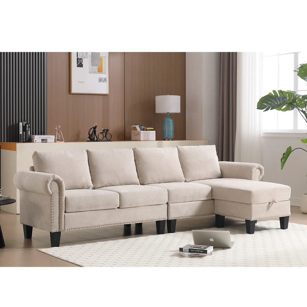 Convertible L-Shaped Sectional Sofa with Storage | 4-Seat Modern Linen Fabric Couch in Beige Next Gen Luxe Solutions