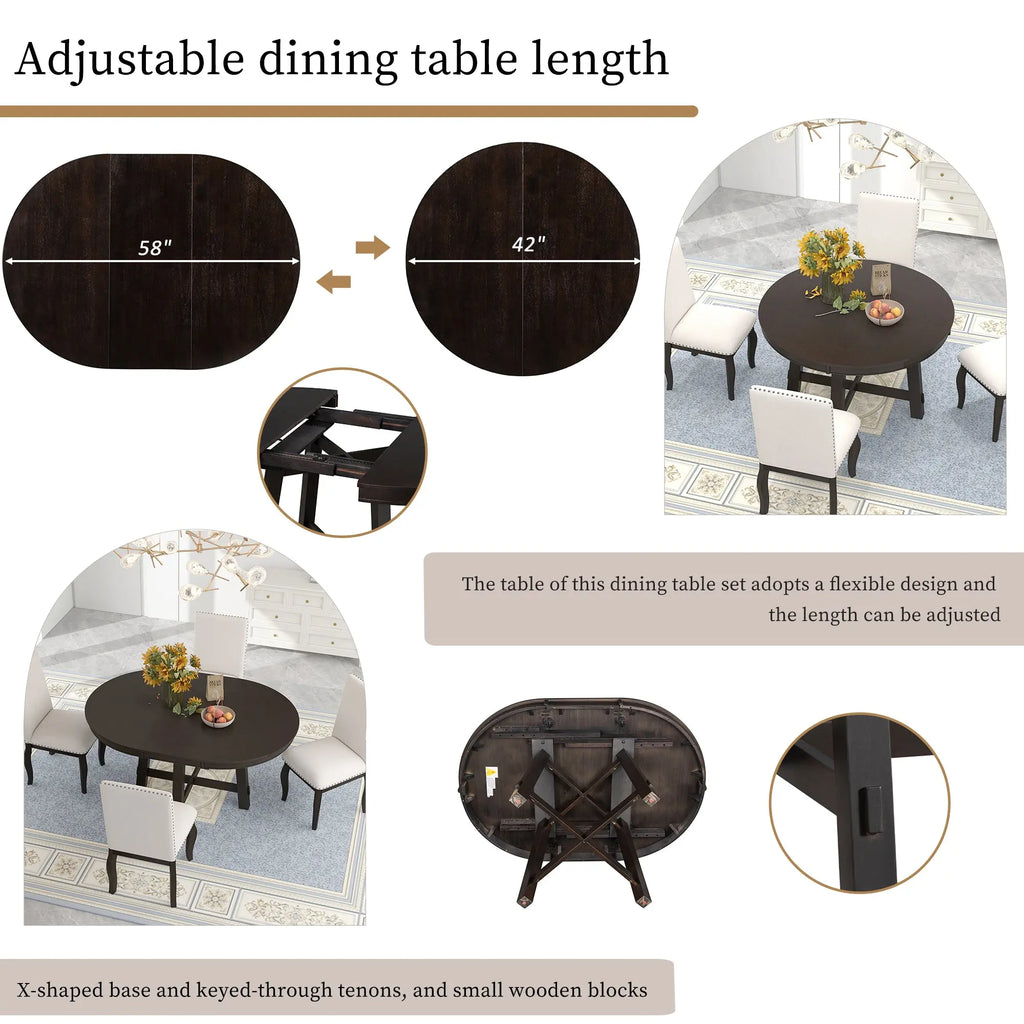 TREXM Farmhouse Round Extendable Dining Table with 16" Leaf – Espresso Wood Kitchen Table Next Gen Luxe Solutions