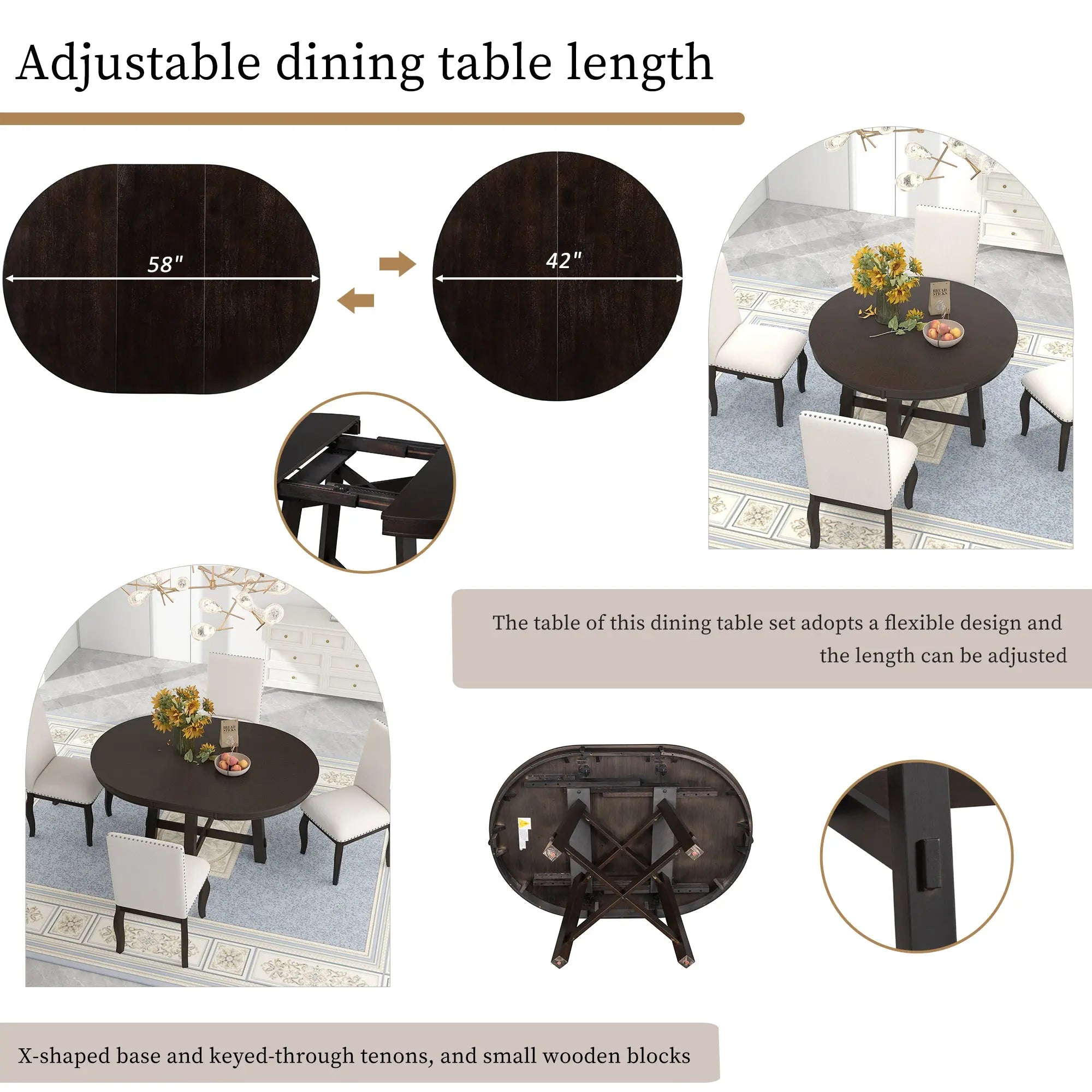 TREXM Farmhouse Round Extendable Dining Table with 16" Leaf – Espresso Wood Kitchen Table Next Gen Luxe Solutions