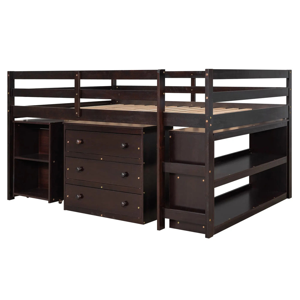 Full Size Low Loft Bed with Rolling Desk, Cabinet, Shelves & Safety Rails | Solid Wood Study Loft Bed – Espresso Next Gen Luxe Solutions