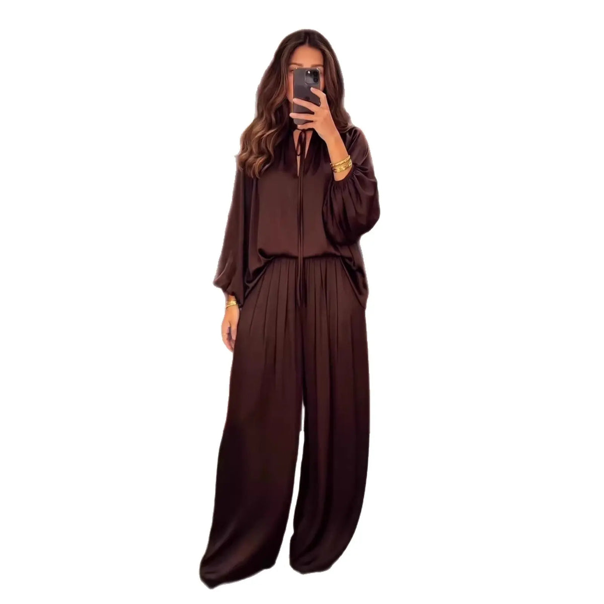 Women's V-Neck Lace-Up Top & Loose Pants Set | Long Sleeve 2-Piece Outfit – Brown, Black, Light Khaki, S–XXL Next Gen Luxe Solutions