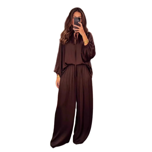Women's V-Neck Lace-Up Top & Loose Pants Set | Long Sleeve 2-Piece Outfit – Brown, Black, Light Khaki, S–XXL Next Gen Luxe Solutions