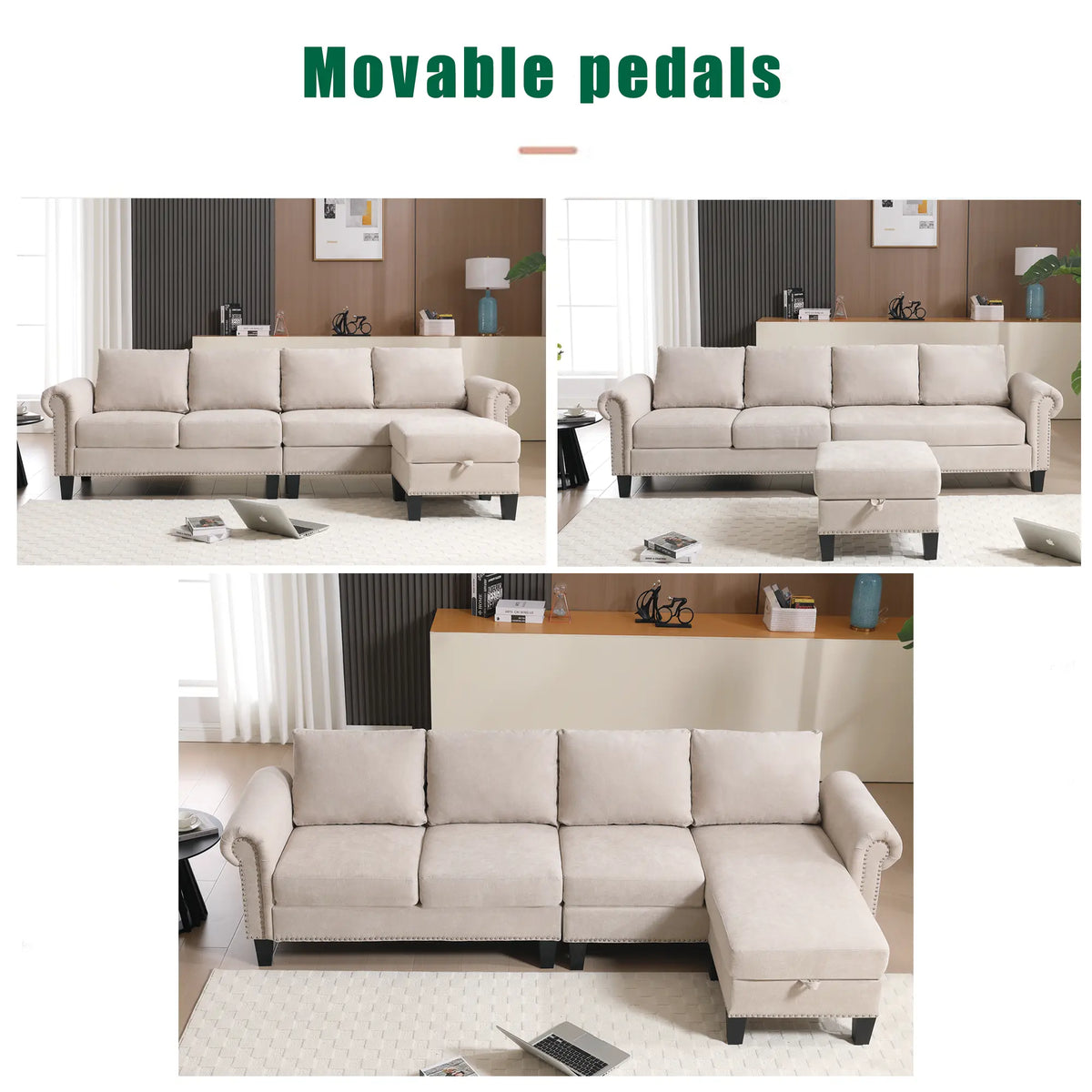 Convertible L-Shaped Sectional Sofa with Storage | 4-Seat Modern Linen Fabric Couch in Beige Next Gen Luxe Solutions
