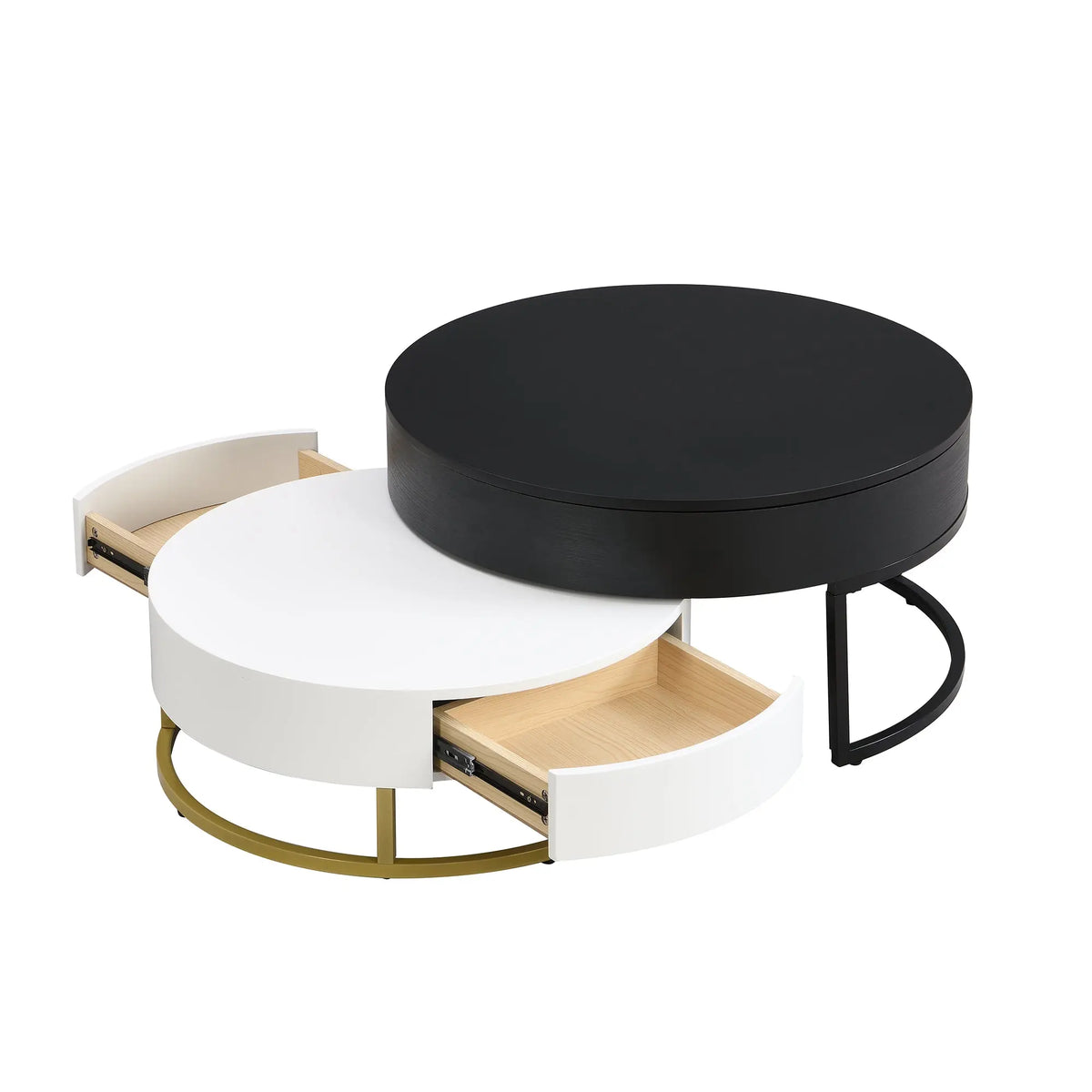 Modern Round Lift-Top Nesting Coffee Tables Set of 2 | Hydraulic Lift, 2 Drawers, Gold Metal Base – White & Black Next Gen Luxe Solutions