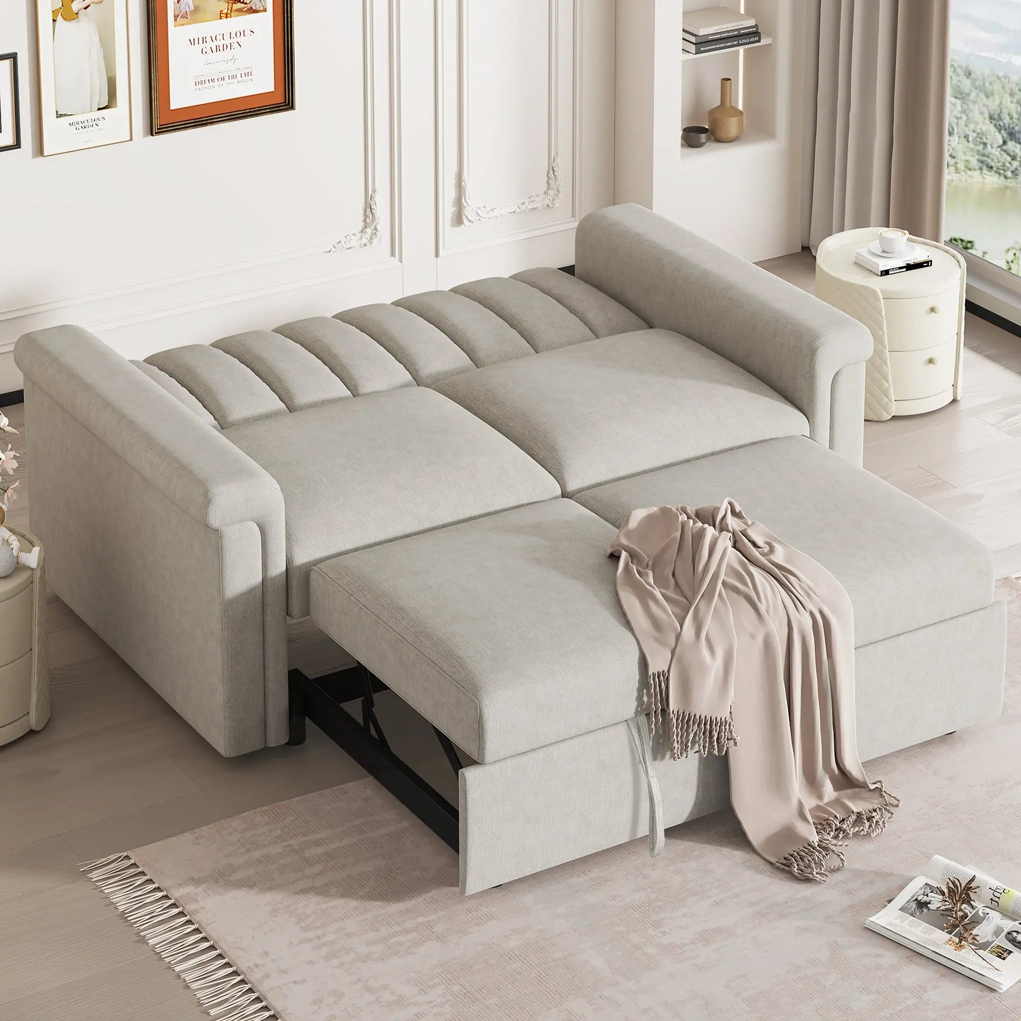 Convertible 2-Seat Sofa Bed | Pull-Out Sleeper Sofa with Adjustable Backrest & Foam + Pocket Spring Cushions in Beige Next Gen Luxe Solutions