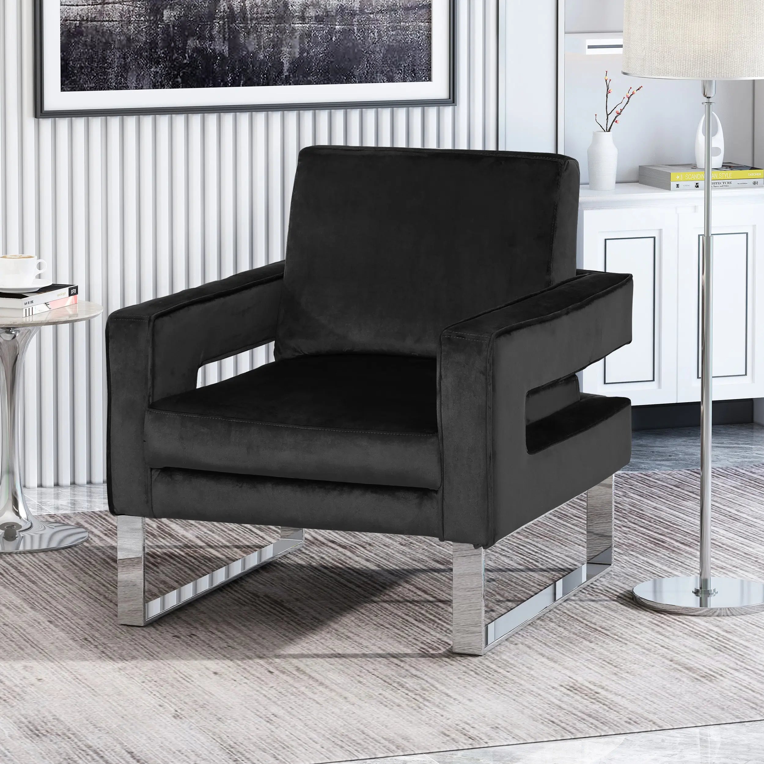 Modern Glam Velvet Club Armchair – Geometric U-Shape, Silver Accents & Stainless Steel Legs (Black) Next Gen Luxe Solutions
