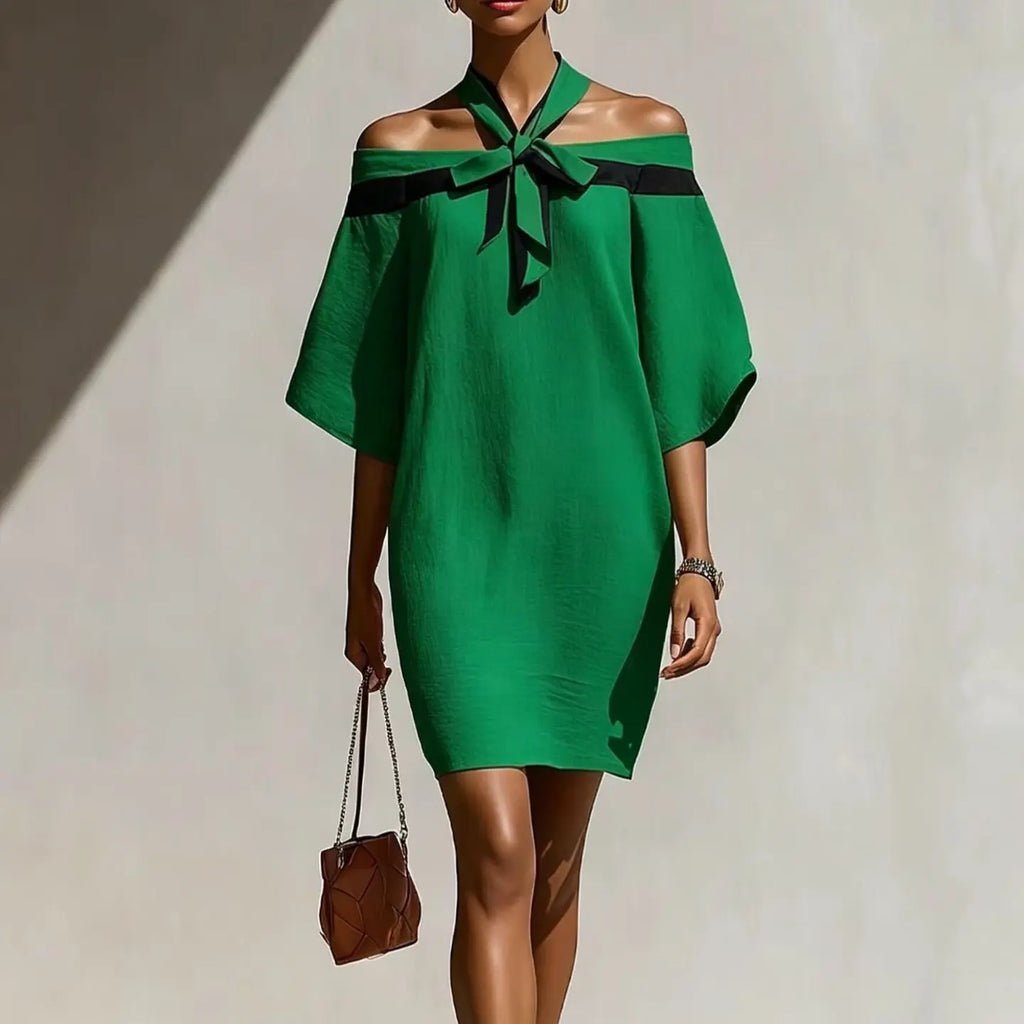 Women's One Shoulder Bow Collar A-Line Mini Dress | 3/4 Sleeve – Orange Red, Green, Apricot, Sky Blue, S–XXL Next Gen Luxe Solutions