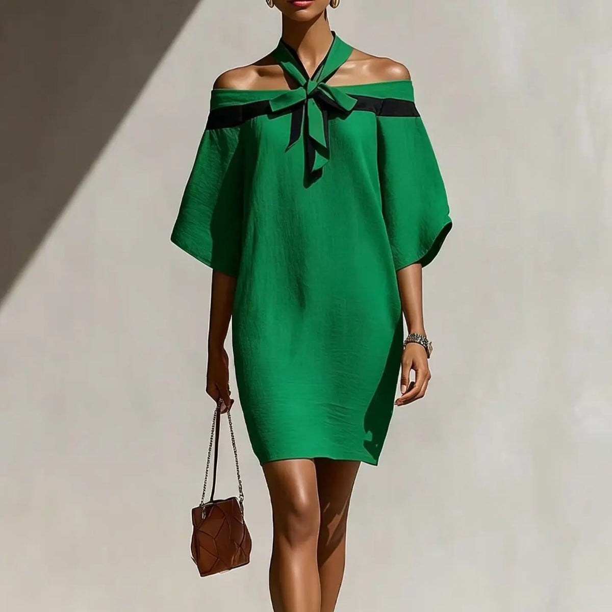 Women's One Shoulder Bow Collar A-Line Mini Dress | 3/4 Sleeve – Orange Red, Green, Apricot, Sky Blue, S–XXL Next Gen Luxe Solutions