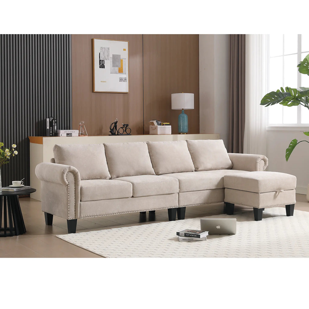 Convertible L-Shaped Sectional Sofa with Storage | 4-Seat Modern Linen Fabric Couch in Beige Next Gen Luxe Solutions