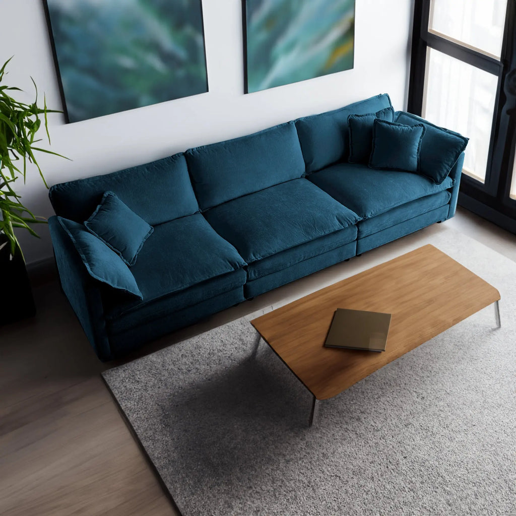 Mid-Century Modern 3-Seater Sofa | Blue Chenille Couch with 5 Pillows for Living Room Next Gen Luxe Solutions