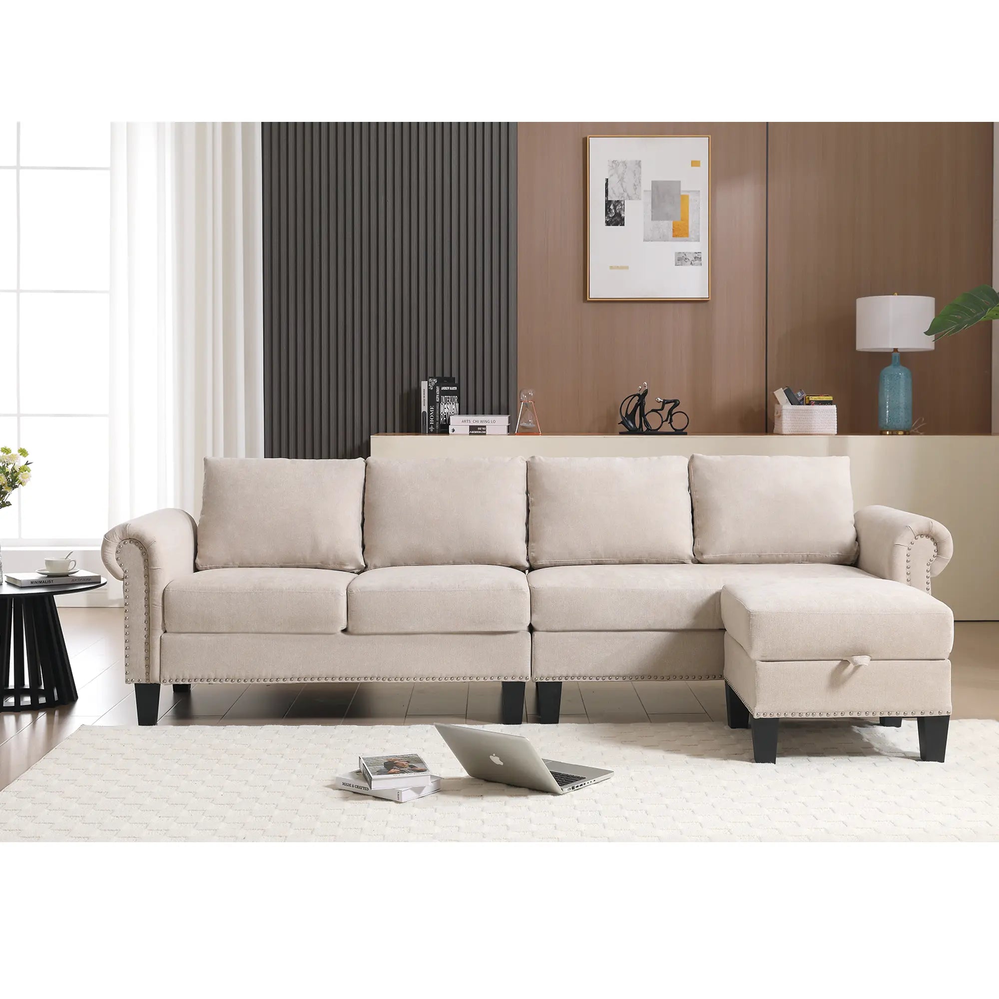 Convertible L-Shaped Sectional Sofa with Storage | 4-Seat Modern Linen Fabric Couch in Beige Next Gen Luxe Solutions