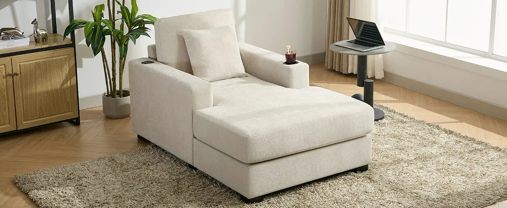39.7" Oversized Chenille Chaise Lounger | Built-In Charge Station, Cup Holder, Pillows, Washable Covers – Cream, 330 lb Capacity Next Gen Luxe Solutions