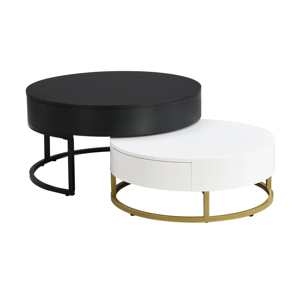 Modern Round Lift-Top Nesting Coffee Tables Set of 2 | Hydraulic Lift, 2 Drawers, Gold Metal Base – White & Black Next Gen Luxe Solutions