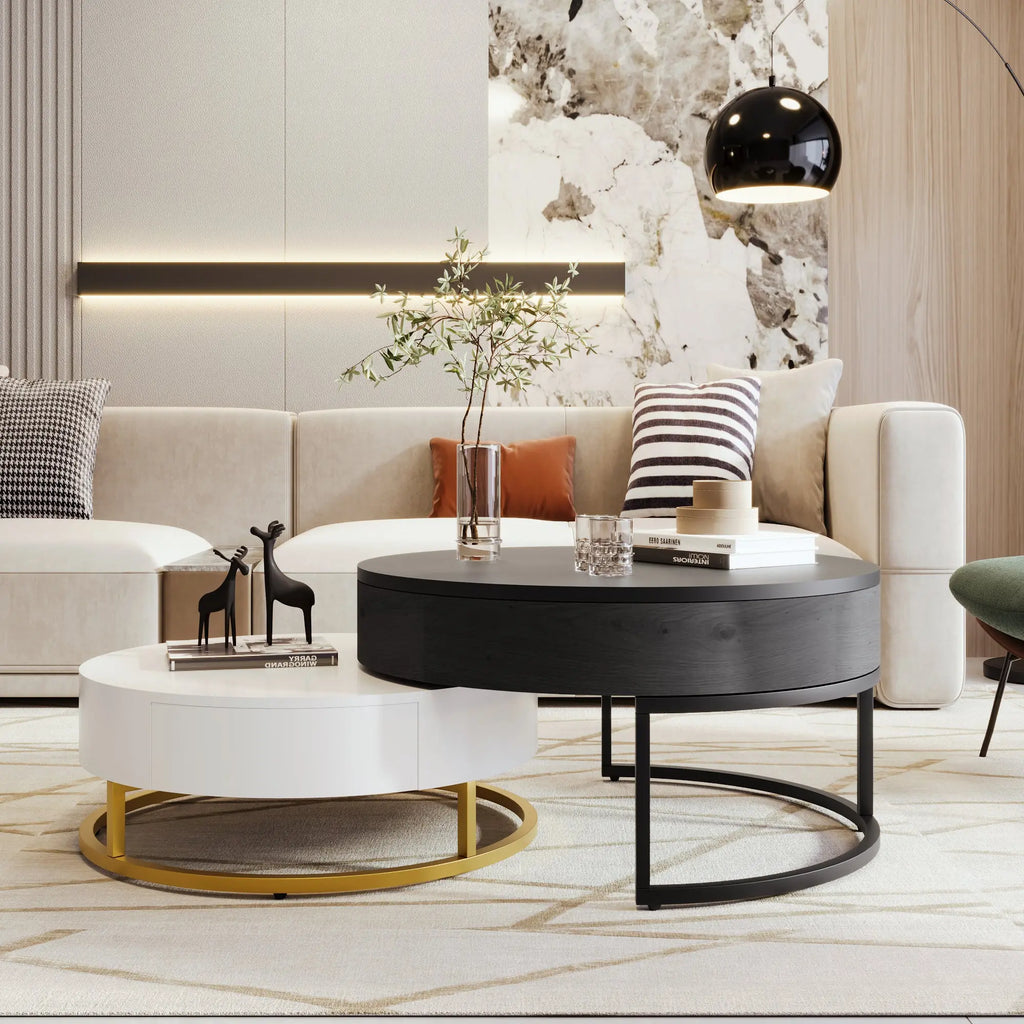 Modern Round Lift-Top Nesting Coffee Tables Set of 2 | Hydraulic Lift, 2 Drawers, Gold Metal Base – White & Black Next Gen Luxe Solutions