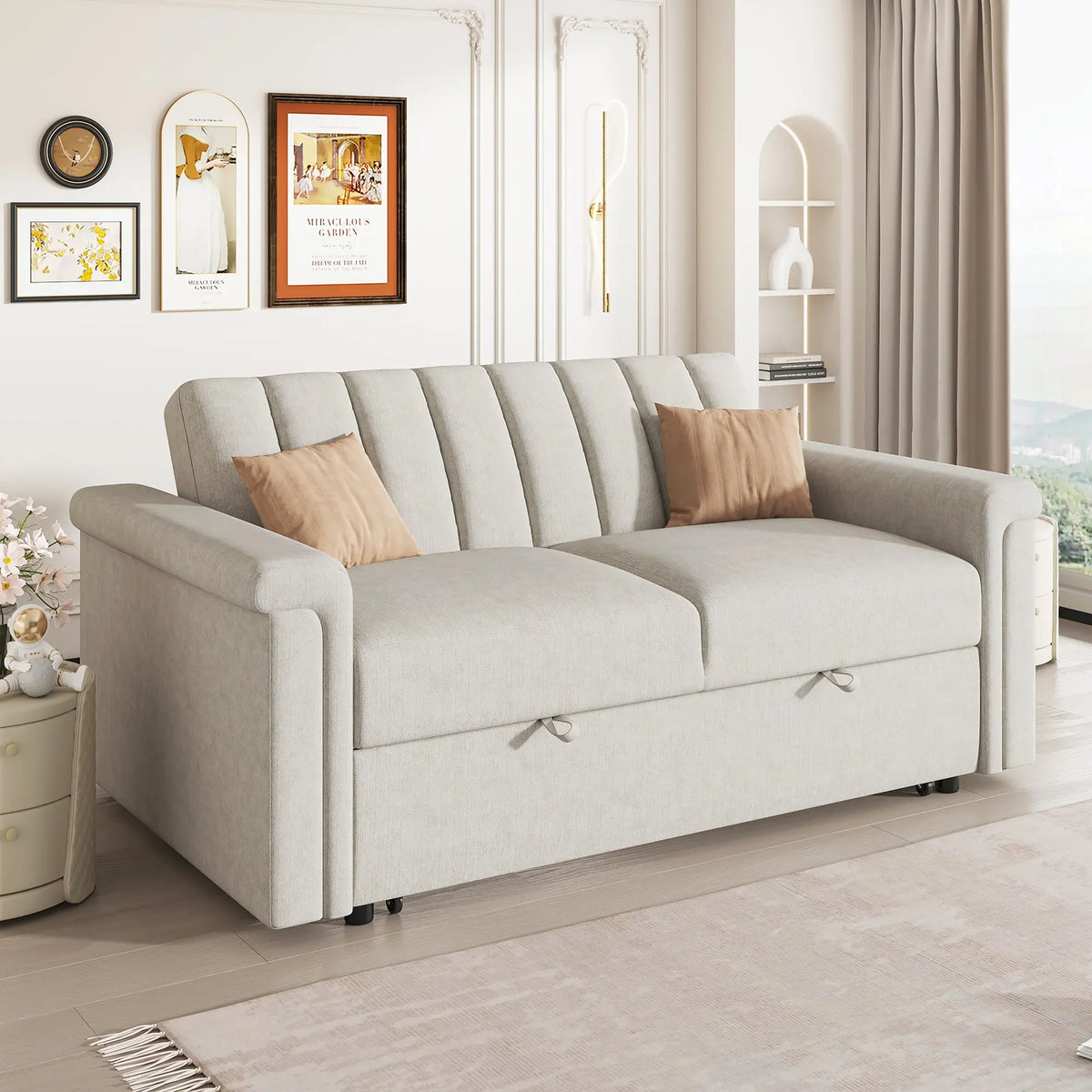 Convertible 2-Seat Sofa Bed | Pull-Out Sleeper Sofa with Adjustable Backrest & Foam + Pocket Spring Cushions in Beige Next Gen Luxe Solutions