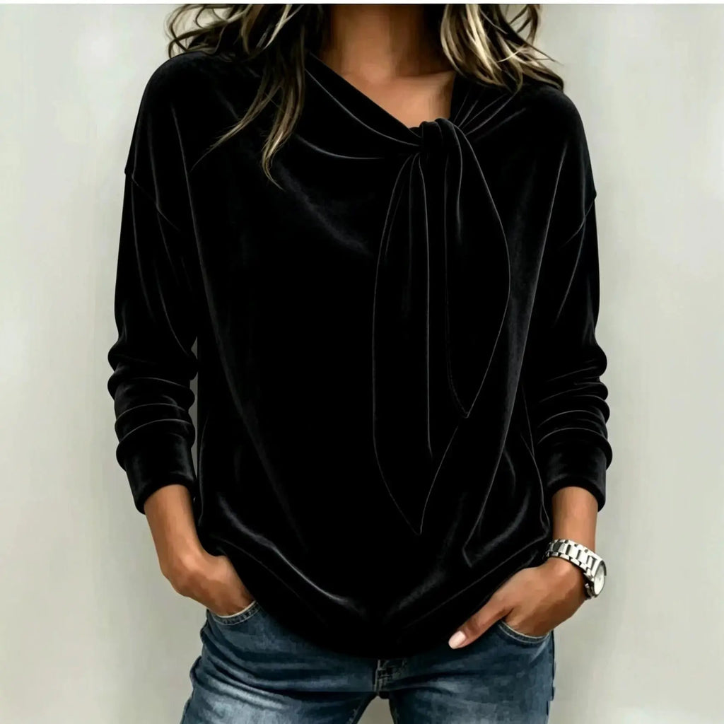 Women's Solid Color Long Sleeve Bow Top | Loose Fit Scarf Collar Pullover – 6 Colors, S–XXL Next Gen Luxe Solutions