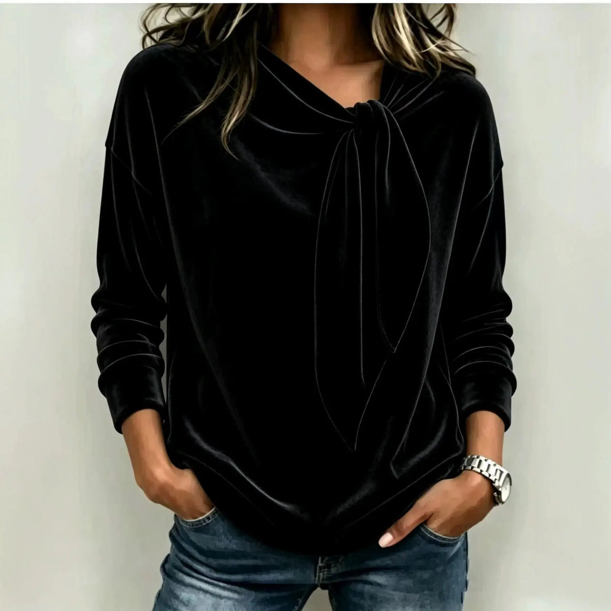 Women's Solid Color Long Sleeve Bow Top | Loose Fit Scarf Collar Pullover – 6 Colors, S–XXL Next Gen Luxe Solutions