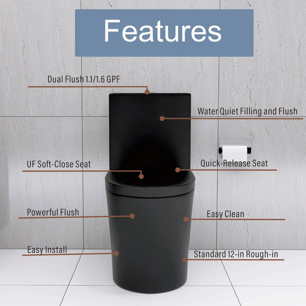 Matte Black Elongated One Piece Toilet Dual Flush 1.1/1.6 GPF Water Saving Map 1000g Next Gen Luxe Solutions