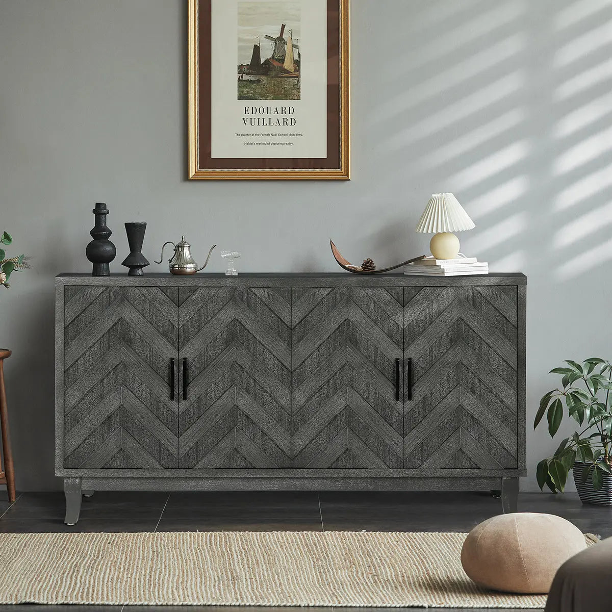 Vintage Style Buffet Cabinet – Lacquered Accent Storage, 4-Door Wooden Cabinet in Taupe Grey Next Gen Luxe Solutions