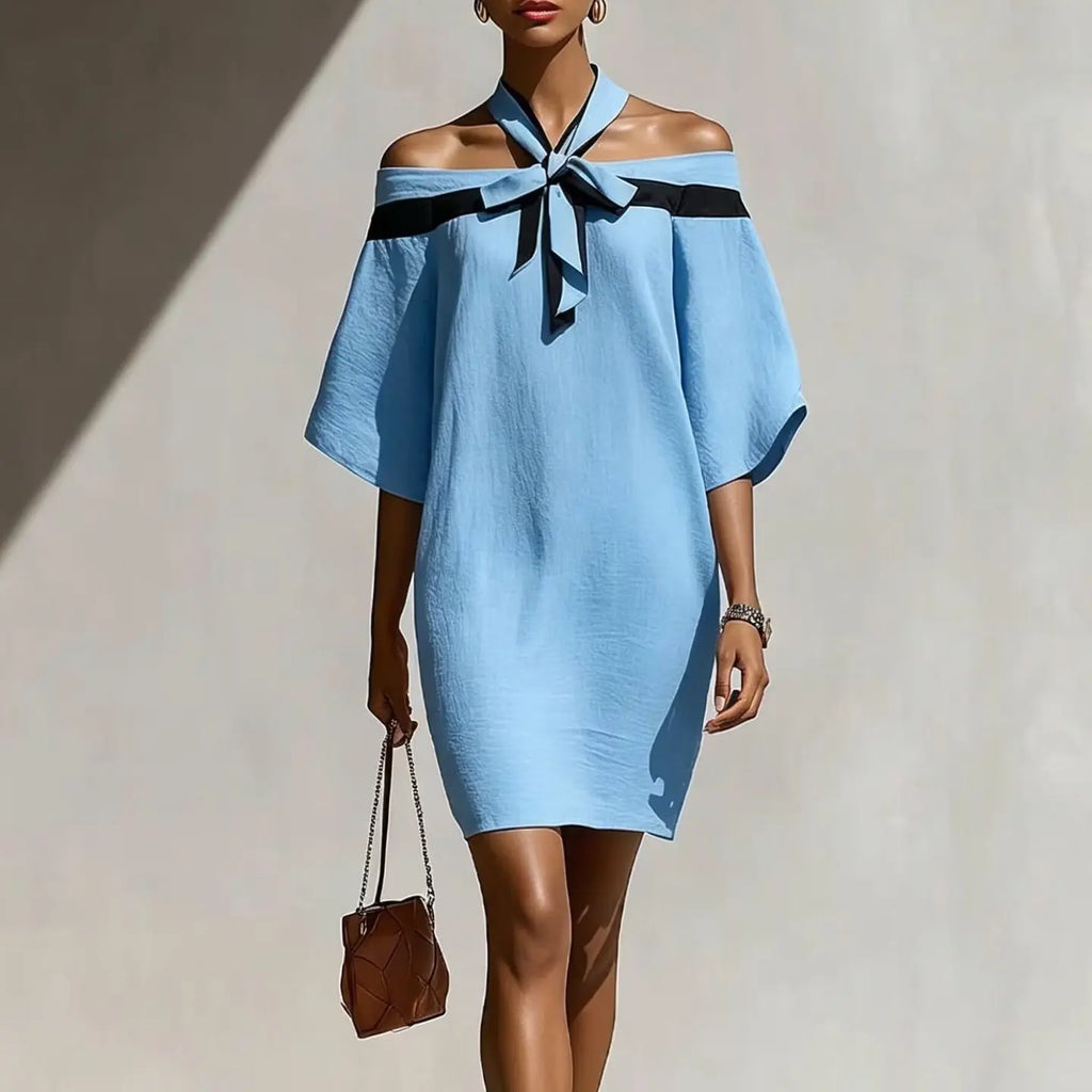 Women's One Shoulder Bow Collar A-Line Mini Dress | 3/4 Sleeve – Orange Red, Green, Apricot, Sky Blue, S–XXL Next Gen Luxe Solutions