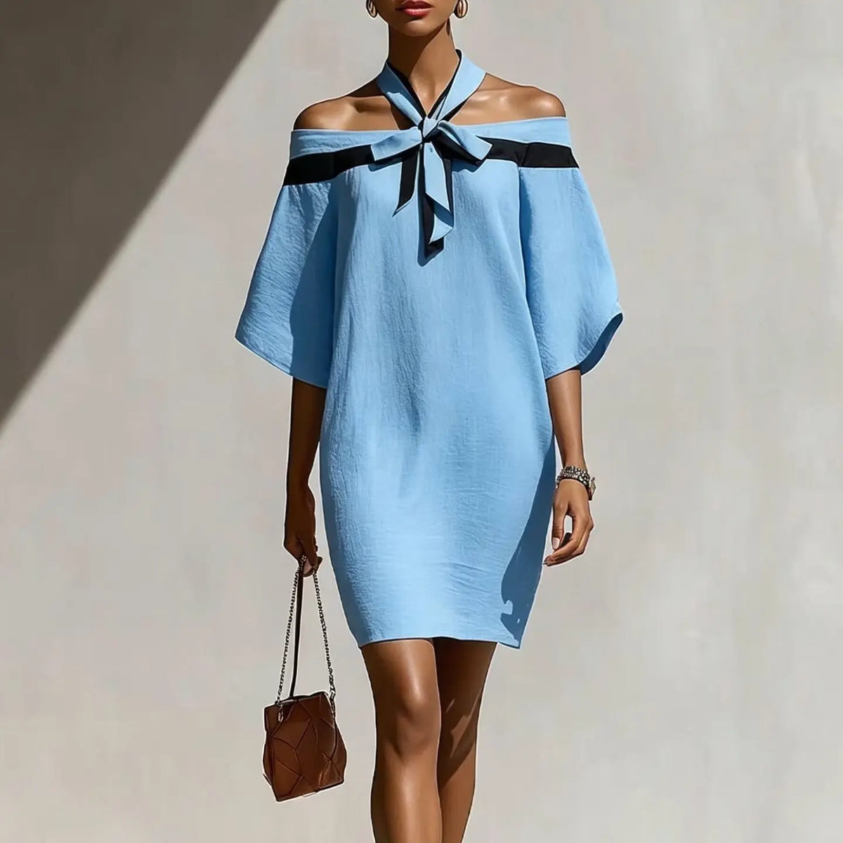 Women's One Shoulder Bow Collar A-Line Mini Dress | 3/4 Sleeve – Orange Red, Green, Apricot, Sky Blue, S–XXL Next Gen Luxe Solutions