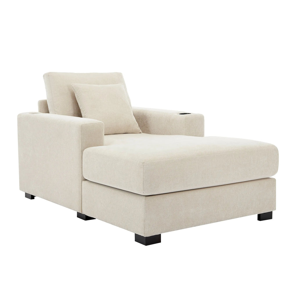 39.7" Oversized Chenille Chaise Lounger | Built-In Charge Station, Cup Holder, Pillows, Washable Covers – Cream, 330 lb Capacity Next Gen Luxe Solutions