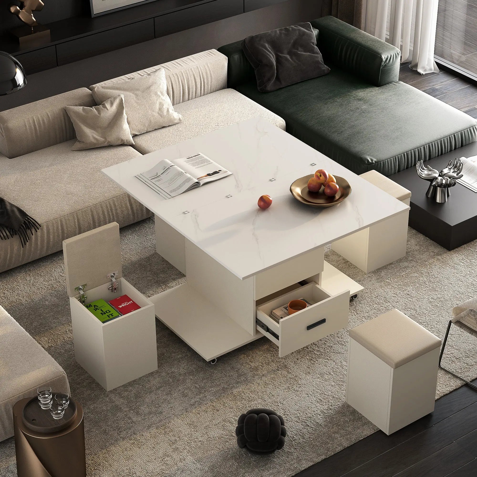 Modern Lift-Top Coffee Table with 4 Chairs, Expandable Storage – Hidden Compartment & 2 Drawers Next Gen Luxe Solutions