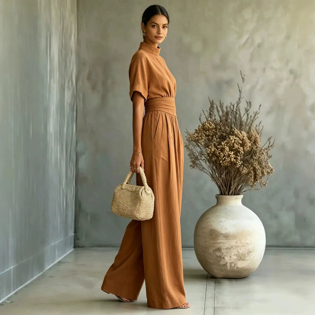 Women's Mock Neck Short Sleeve Wide Leg Jumpsuit | Full Length, Minimalist Solid Color – 5 Colors, S–2XL Next Gen Luxe Solutions