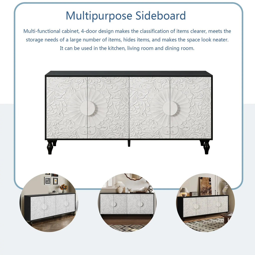 Vintage White Faceted Carved Cabinet – Black Frame TV Stand, Sideboard & Accent Cabinet Next Gen Luxe Solutions