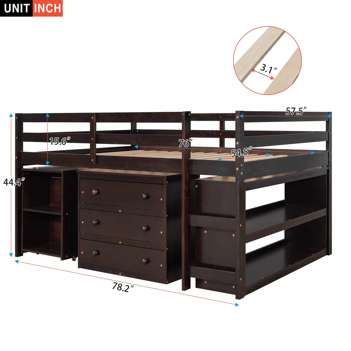 Full Size Low Loft Bed with Rolling Desk, Cabinet, Shelves & Safety Rails | Solid Wood Study Loft Bed – Espresso Next Gen Luxe Solutions
