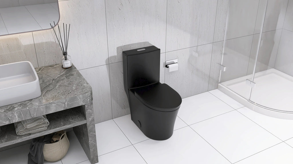 Matte Black Elongated One Piece Toilet Dual Flush 1.1/1.6 GPF Water Saving Map 1000g Next Gen Luxe Solutions