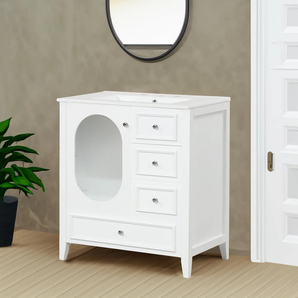 30" Bathroom Vanity with Sink | Solid Wood & MDF, 4 Drawers, Oval Fluted Glass Door, Ceramic Sink, White – Freestanding Next Gen Luxe Solutions