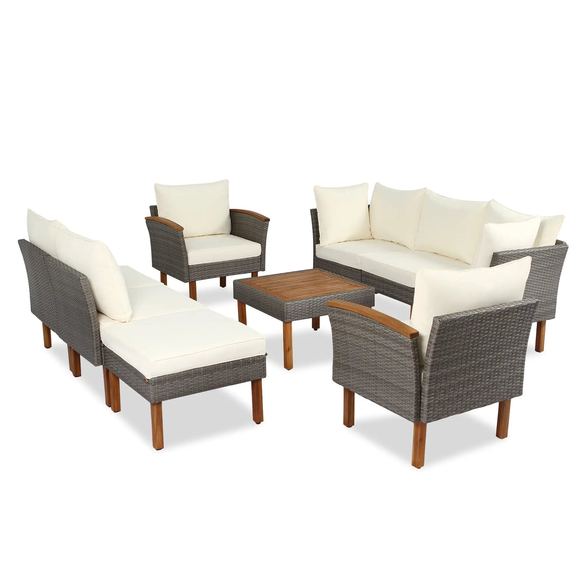 9-Piece Outdoor PE Rattan Patio Furniture Set | Acacia Wood Legs & Tabletop, Sectional Sofa with Coffee Table, Washable Cushions – Beige Next Gen Luxe Solutions