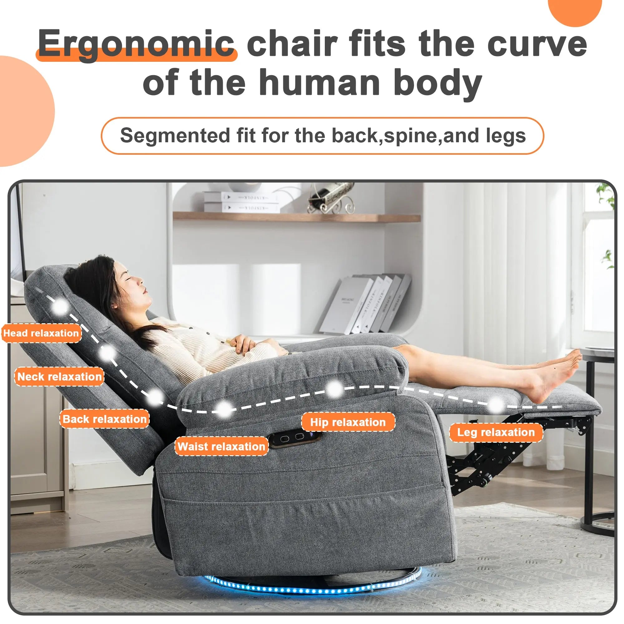 Power Recliner Glider Chair with Bluetooth Speaker | 270° Swivel, LED Light, USB+C Charging, Retractable Footrest, Storage Pockets – Light Grey Linen Next Gen Luxe Solutions